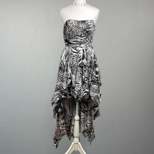 VTG Y2K McBling Party Dress Zebra Print Size 6 Ruffle Hi Low Strapless Prom